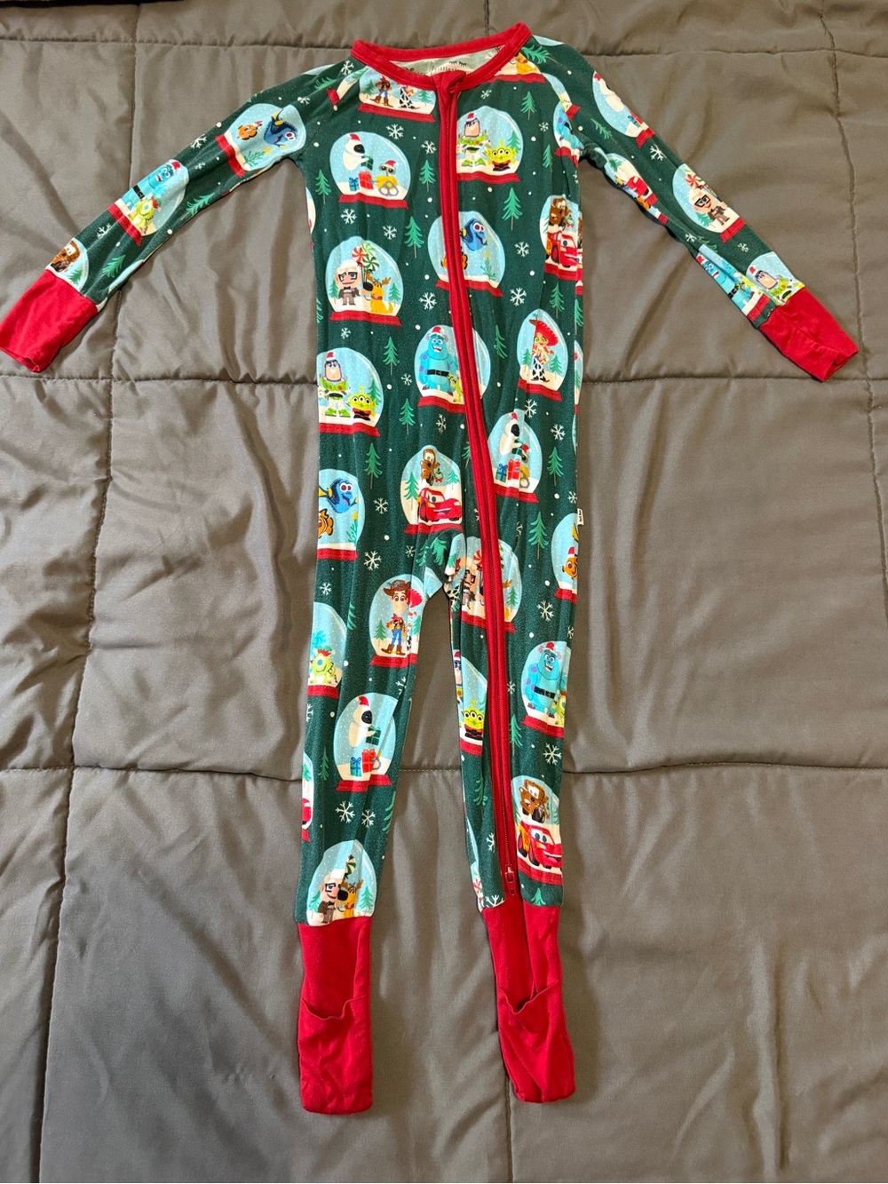 Little Sleepies Disney Green and Red Snow Globe Print Kids One-Piece Pajamas